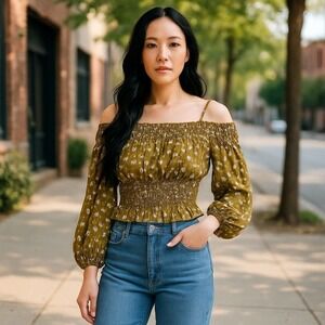 Sacred Threads Off Shoulder Smocked Floral‎ Blouse Long Sleeve Top OS